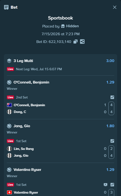 Bet slip: Lim, Sa Rang - Jang, Gio, $30,000.00 stake at 1.80 odds, placed by Hidden