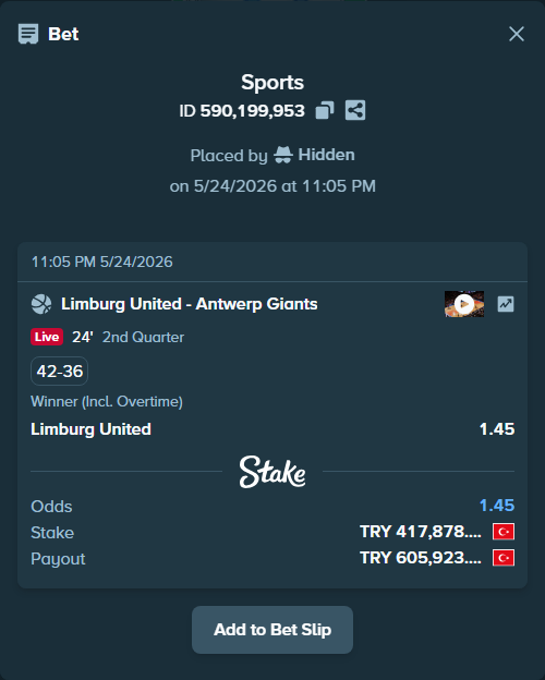 Bet slip: Limburg United - Antwerp Giants, $12,536.34 stake at 1.45 odds, placed by Hidden