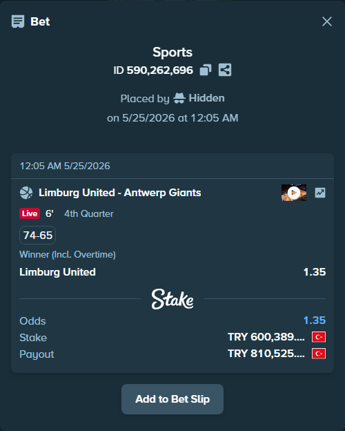 Bet slip: Limburg United - Antwerp Giants, $18,011.69 stake at 1.35 odds, placed by Hidden