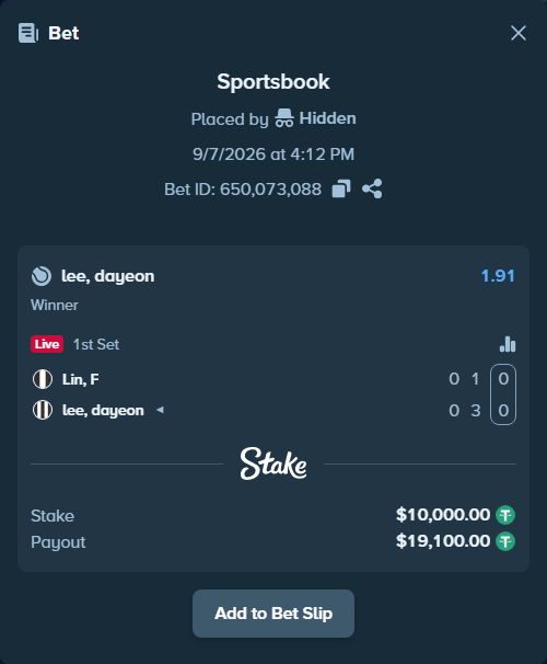 Bet slip: Lin, F - lee, dayeon, $10,000.00 stake at 1.91 odds, placed by Hidden