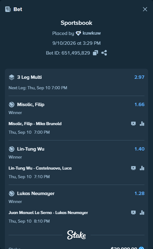 Bet slip: Lin-Tung Wu - Castelnuovo, Luca, $20,000.00 stake at 1.40 odds, placed by kuwkuw