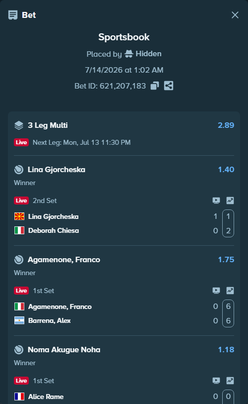 Bet slip: Lina Gjorcheska - Deborah Chiesa, $30,000.00 stake at 1.40 odds, placed by Hidden