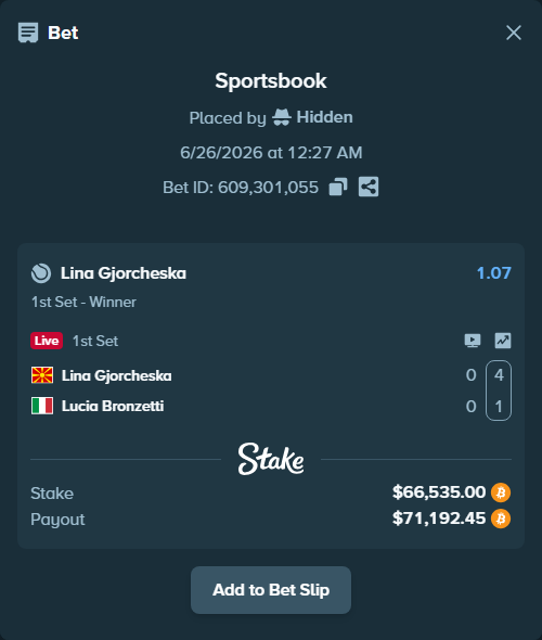 Bet slip: Lina Gjorcheska - Lucia Bronzetti, $68,025.76 stake at 1.07 odds, placed by Hidden