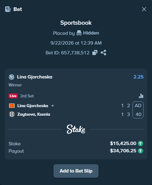 Bet slip: Lina Gjorcheska - Zaytseva, Ksenia, $15,425.00 stake at 2.25 odds, placed by Hidden