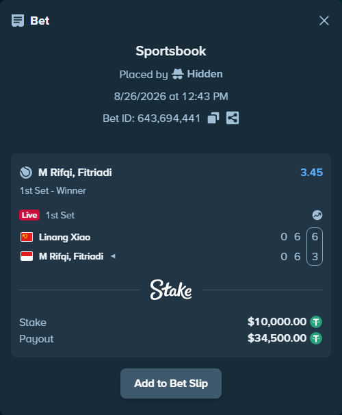 Bet slip: Linang Xiao - Fitriadi, M Rifqi, $10,000.00 stake at 3.45 odds, placed by Hidden