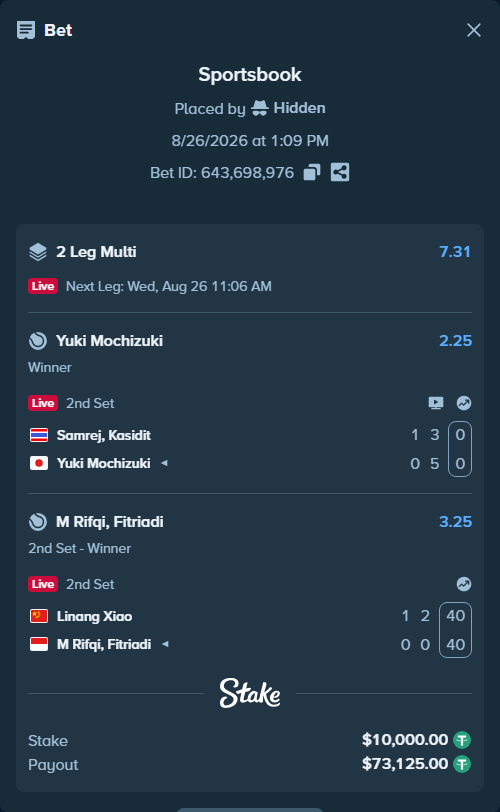 Bet slip: Linang Xiao - Fitriadi, M Rifqi, $10,000.00 stake at 3.25 odds, placed by Hidden