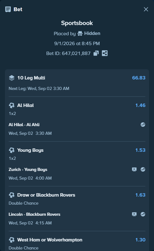 Bet slip: Lincoln - Blackburn Rovers, $21,000.00 stake at 1.63 odds, placed by Hidden