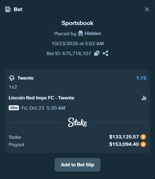 Bet slip: Lincoln Red Imps - Twente, $133,565.40 stake at 1.15 odds, placed by Lilyoung07