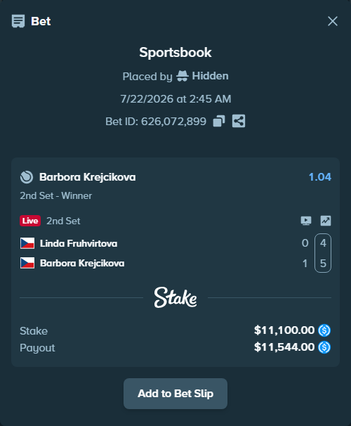 Bet slip: Linda Fruhvirtova - Barbora Krejcikova, $11,100.00 stake at 1.04 odds, placed by Hidden
