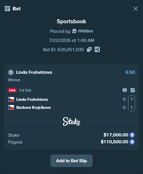 Bet slip: Linda Fruhvirtova - Barbora Krejcikova, $16,746.86 stake at 6.50 odds, placed by Hidden