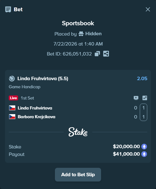 Bet slip: Linda Fruhvirtova - Barbora Krejcikova, $19,702.19 stake at 2.05 odds, placed by Hidden
