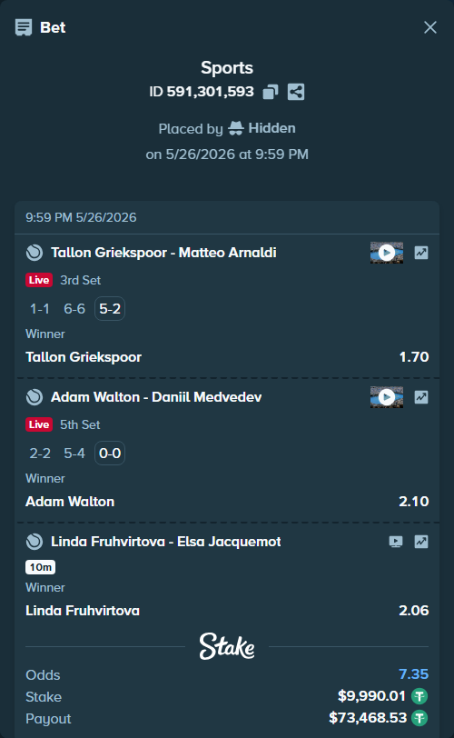 Bet slip: Linda Fruhvirtova - Elsa Jacquemot, $10,000.00 stake at 2.06 odds, placed by Hidden