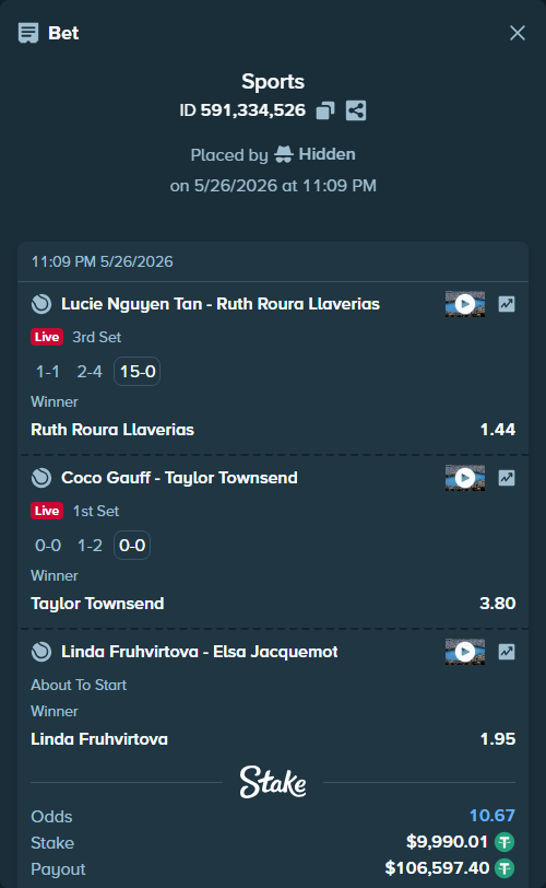Bet slip: Linda Fruhvirtova - Elsa Jacquemot, $10,000.00 stake at 1.95 odds, placed by Hidden