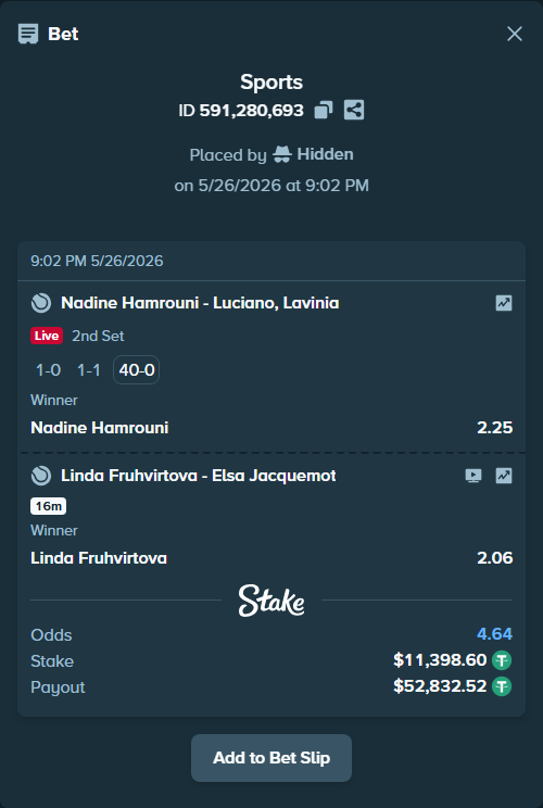 Bet slip: Linda Fruhvirtova - Elsa Jacquemot, $11,410.00 stake at 2.06 odds, placed by Hidden
