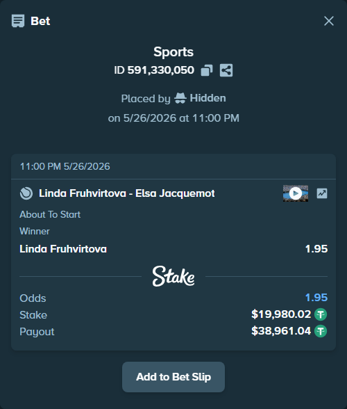 Bet slip: Linda Fruhvirtova - Elsa Jacquemot, $20,000.00 stake at 1.95 odds, placed by Hidden