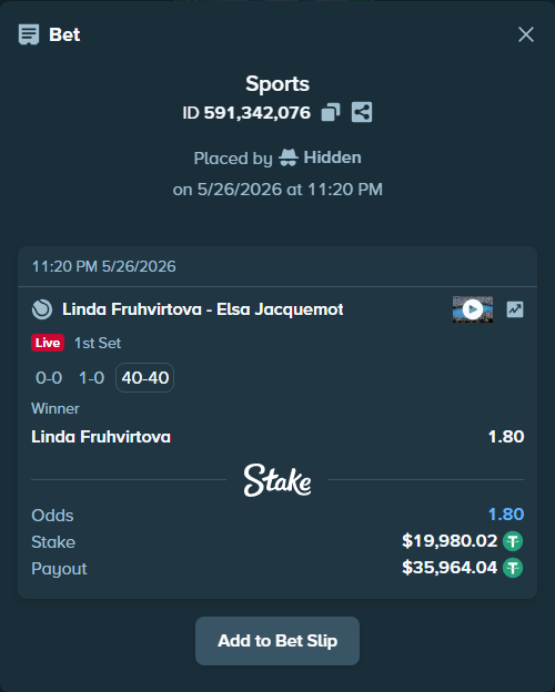 Bet slip: Linda Fruhvirtova - Elsa Jacquemot, $20,000.00 stake at 1.80 odds, placed by Hidden
