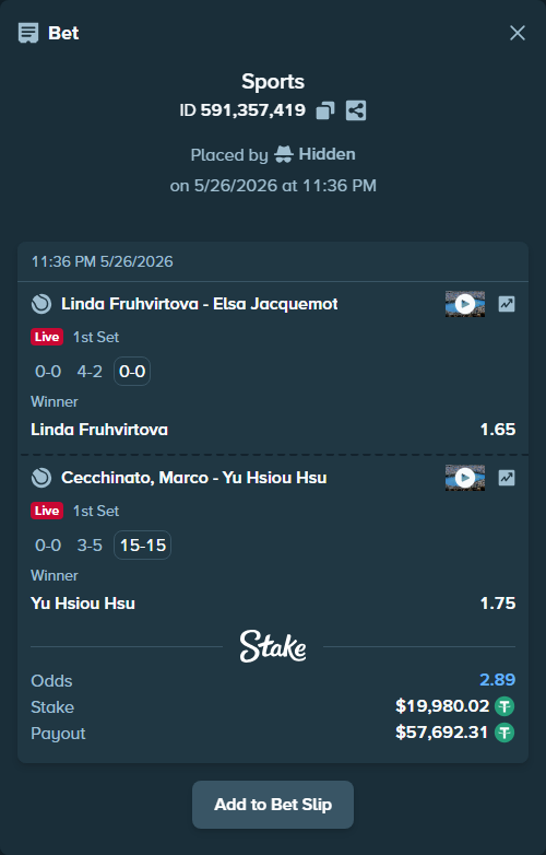 Bet slip: Linda Fruhvirtova - Elsa Jacquemot, $20,000.00 stake at 1.65 odds, placed by Hidden