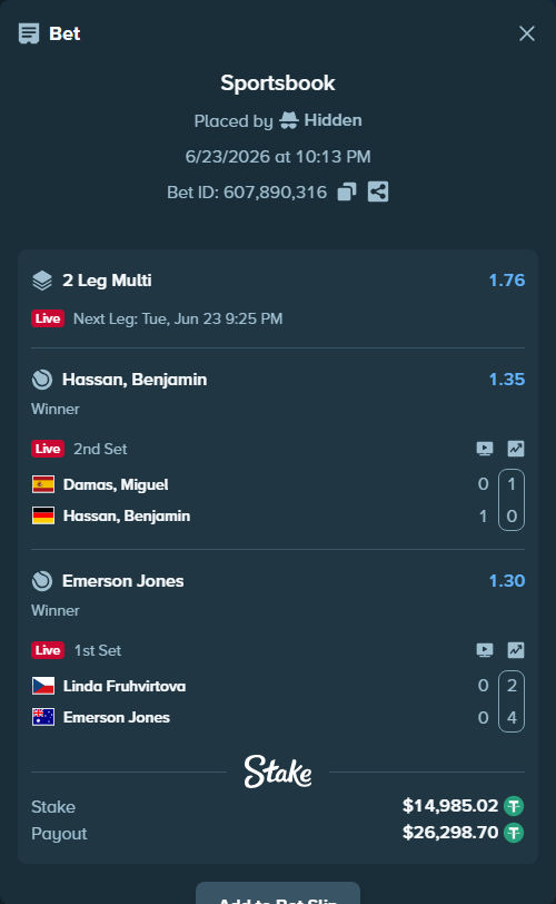 Bet slip: Linda Fruhvirtova - Emerson Jones, $15,000.00 stake at 1.30 odds, placed by Hidden