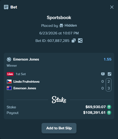 Bet slip: Linda Fruhvirtova - Emerson Jones, $70,000.00 stake at 1.55 odds, placed by Hidden
