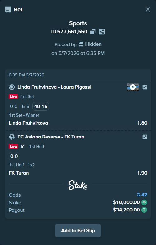 Bet slip: Linda Fruhvirtova - Laura Pigossi, $10,000.00 stake at 1.80 odds, placed by Hidden