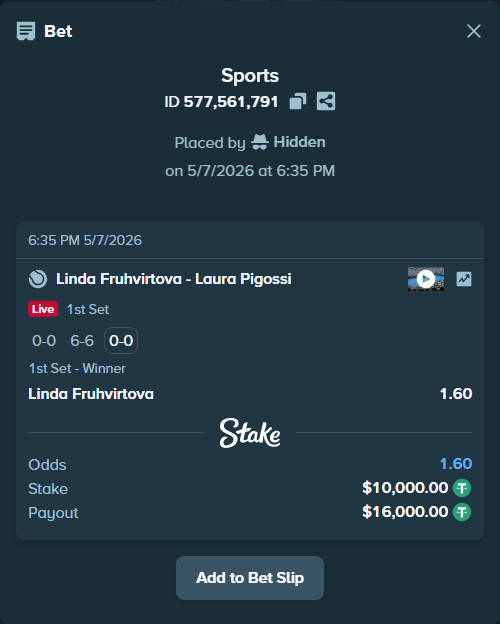 Bet slip: Linda Fruhvirtova - Laura Pigossi, $10,000.00 stake at 1.60 odds, placed by Hidden