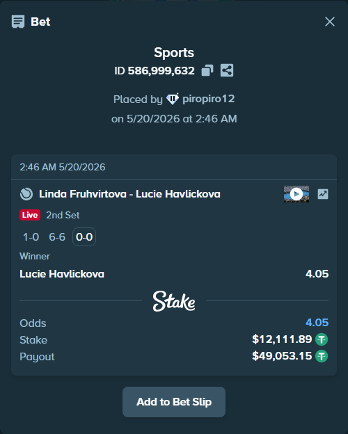 Bet slip: Linda Fruhvirtova - Lucie Havlickova, $12,124.00 stake at 4.05 odds, placed by piropiro12