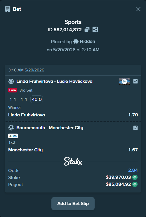 Bet slip: Linda Fruhvirtova - Lucie Havlickova, $30,000.00 stake at 1.70 odds, placed by Hidden