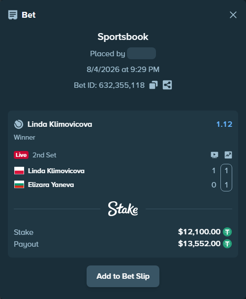Bet slip: Linda Klimovicova - Elizara Yaneva, $12,112.10 stake at 1.12 odds, placed by RestStake27