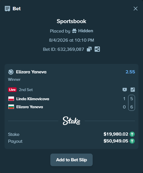 Bet slip: Linda Klimovicova - Elizara Yaneva, $20,000.00 stake at 2.55 odds, placed by Hidden