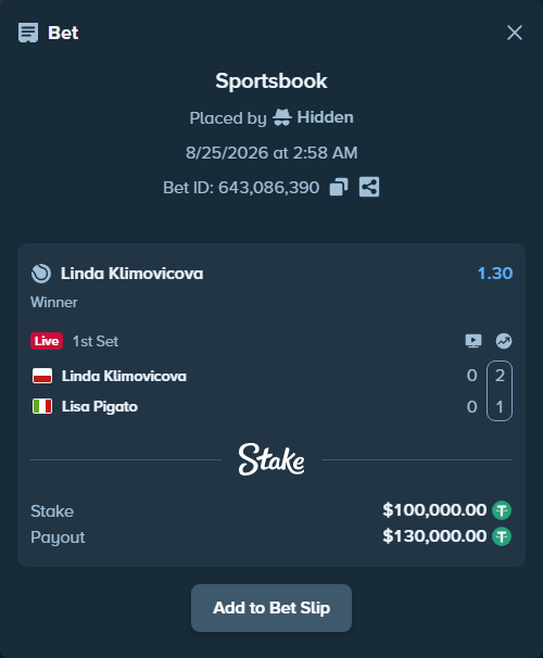 Bet slip: Linda Klimovicova - Lisa Pigato, $100,000.00 stake at 1.30 odds, placed by Hidden