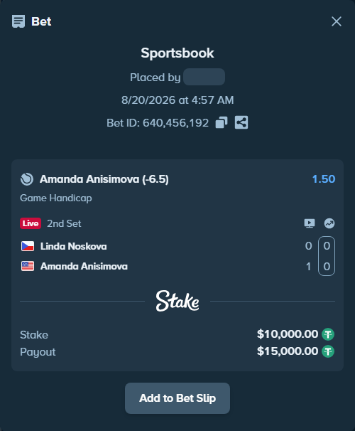 Bet slip: Linda Noskova - Amanda Anisimova, $10,000.00 stake at 1.50 odds, placed by privetmedvet15