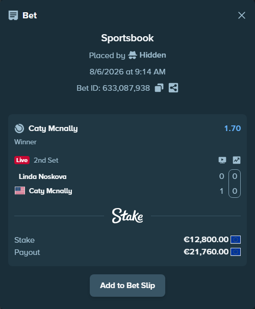 Bet slip: Linda Noskova - Caty Mcnally, $13,824.00 stake at 1.70 odds, placed by Hidden