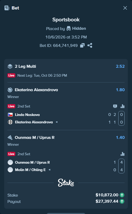 Bet slip: Linda Noskova - Ekaterina Alexandrova, $10,872.00 stake at 1.80 odds, placed by Hidden