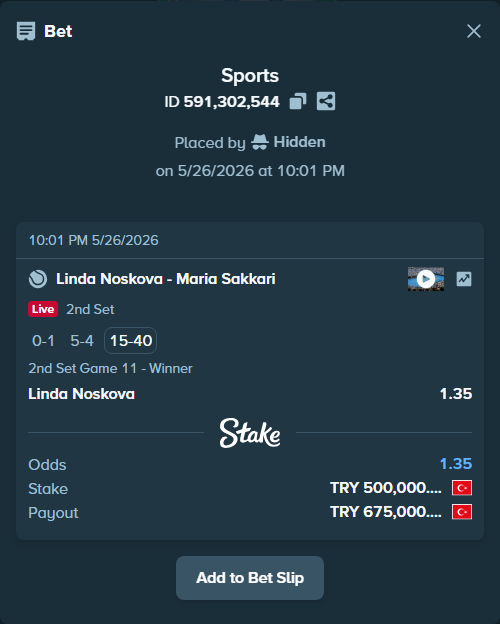 Bet slip: Linda Noskova - Maria Sakkari, $15,000.00 stake at 1.35 odds, placed by Hidden