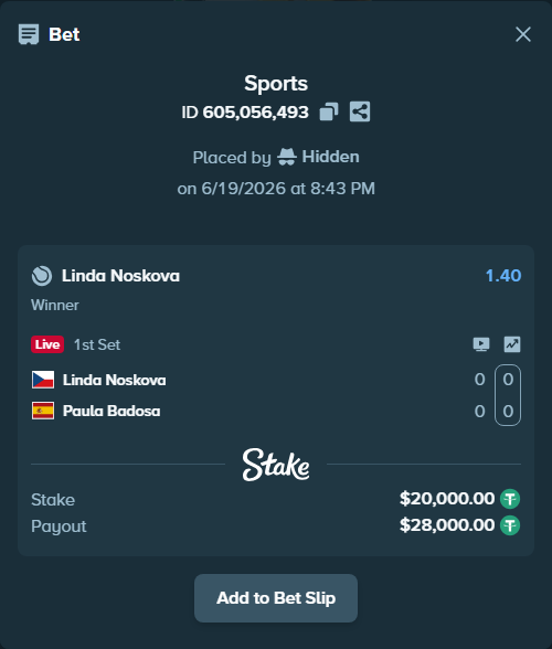 Bet slip: Linda Noskova - Paula Badosa, $20,020.00 stake at 1.40 odds, placed by Hidden
