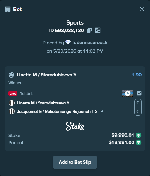 Bet slip: Linette M / Starodubtseva Y - Jacquemot E / Rakotomanga Rajaonah T S, $10,000.00 stake at 1.90 odds, placed by fadennesaroush