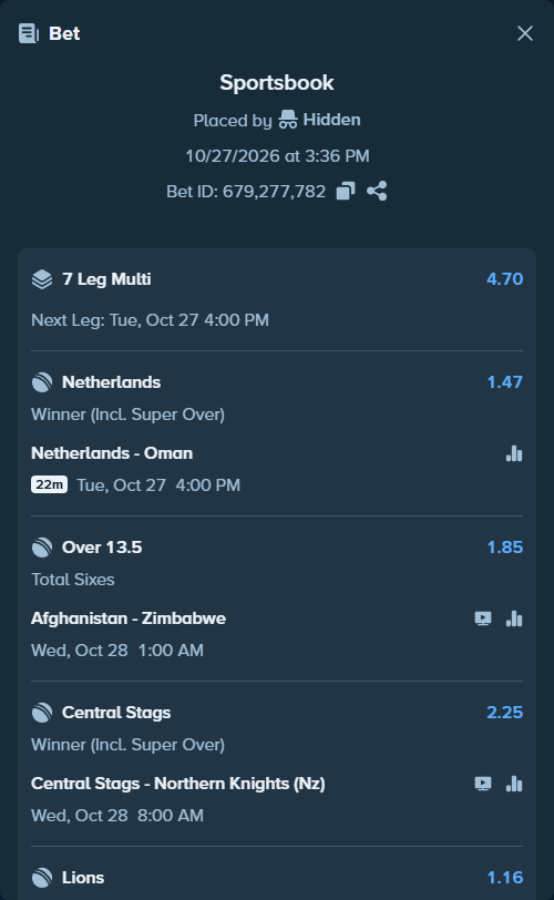 Bet slip: Lions - Eastern Storm, $10,686.07 stake at 1.16 odds, placed by Brahma946