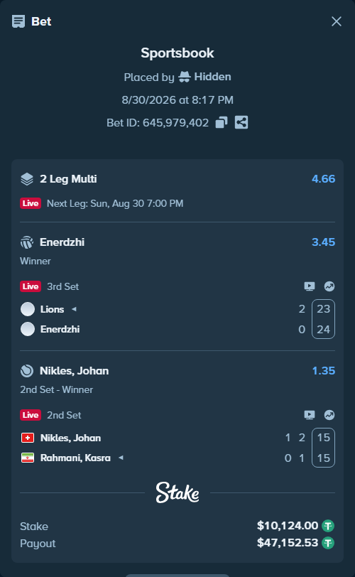 Bet slip: Lions-Pro - Enerdzhi, $10,124.00 stake at 3.45 odds, placed by Hidden