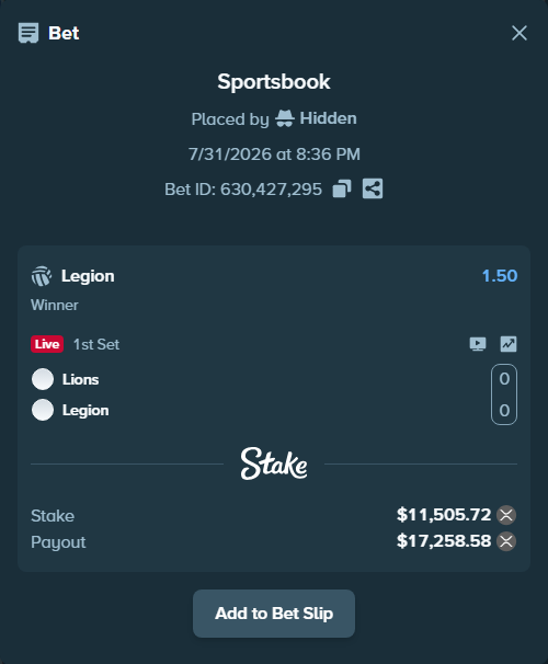 Bet slip: Lions-Pro - Legion-Pro, $11,105.80 stake at 1.50 odds, placed by Hidden