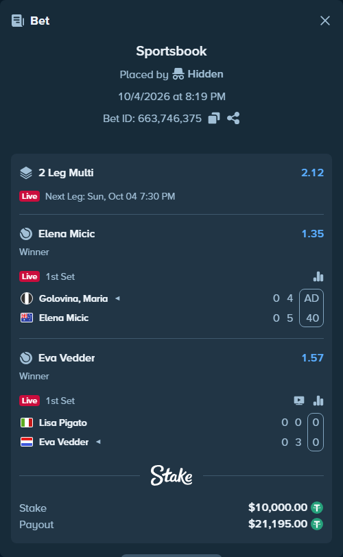 Bet slip: Lisa Pigato - Eva Vedder, $10,000.00 stake at 1.57 odds, placed by Hidden