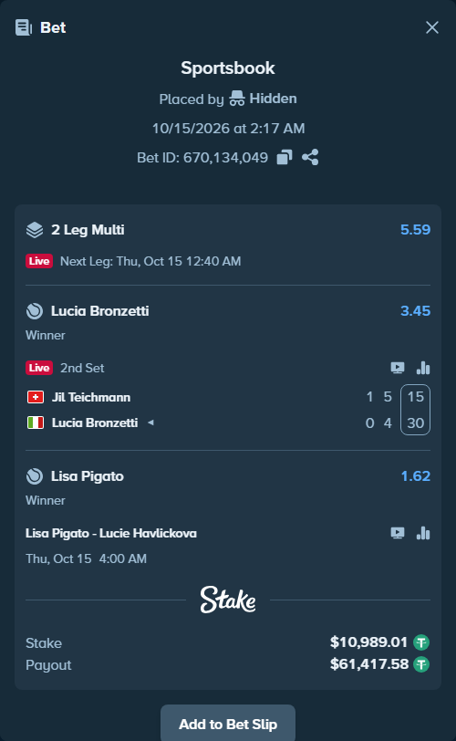 Bet slip: Lisa Pigato - Lucie Havlickova, $11,000.00 stake at 1.62 odds, placed by Hidden