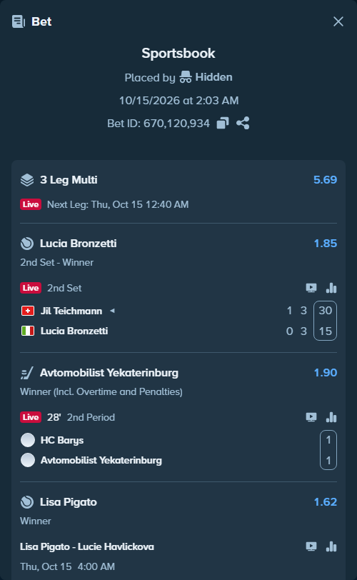 Bet slip: Lisa Pigato - Lucie Havlickova, $20,000.00 stake at 1.62 odds, placed by Hidden
