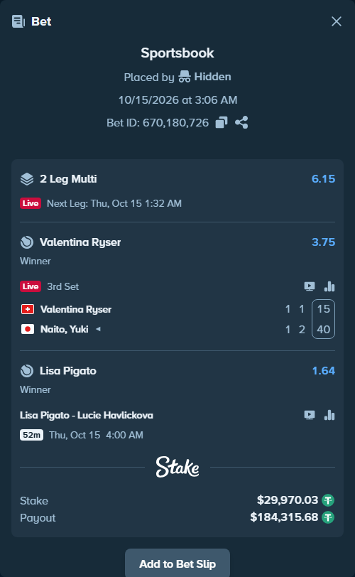 Bet slip: Lisa Pigato - Lucie Havlickova, $30,000.00 stake at 1.64 odds, placed by Hidden