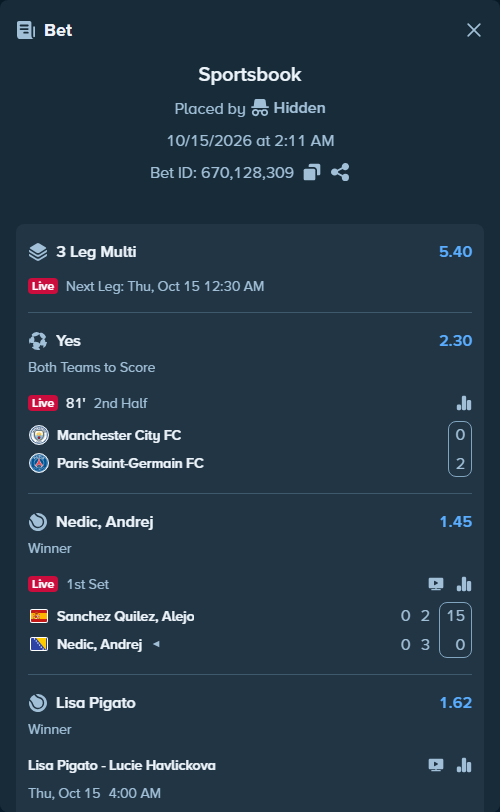 Bet slip: Lisa Pigato - Lucie Havlickova, $35,237.00 stake at 1.62 odds, placed by Hidden