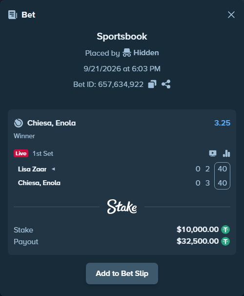 Bet slip: Lisa Zaar - Chiesa, Enola, $10,000.00 stake at 3.25 odds, placed by Hidden