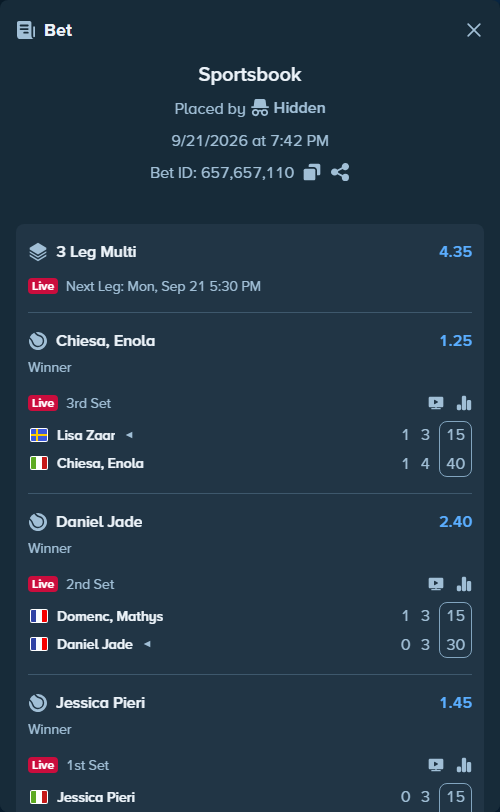 Bet slip: Lisa Zaar - Chiesa, Enola, $10,000.00 stake at 1.25 odds, placed by Hidden