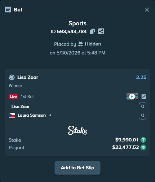 Bet slip: Lisa Zaar - Laura Samson, $10,000.00 stake at 2.25 odds, placed by Hidden