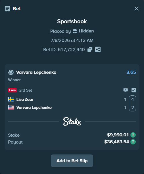 Bet slip: Lisa Zaar - Varvara Lepchenko, $10,000.00 stake at 3.65 odds, placed by Hidden