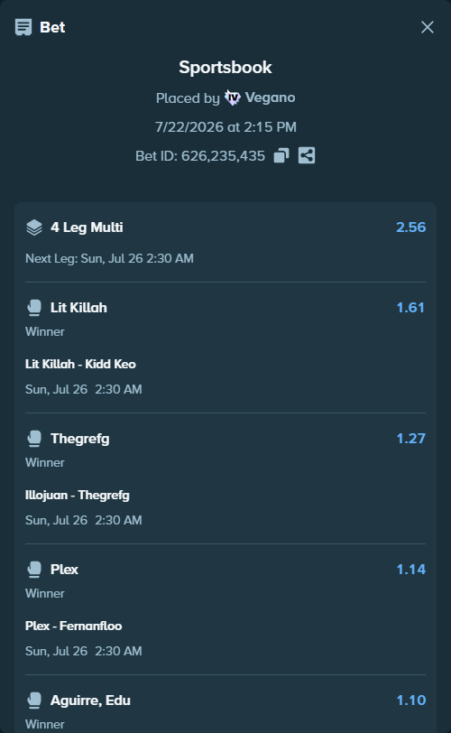 Bet slip: Lit Killah - Kidd Keo, $10,010.00 stake at 1.61 odds, placed by Vegano