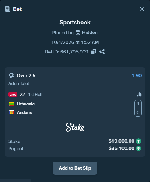 Bet slip: Lithuania - Andorra, $19,019.00 stake at 1.90 odds, placed by Hidden